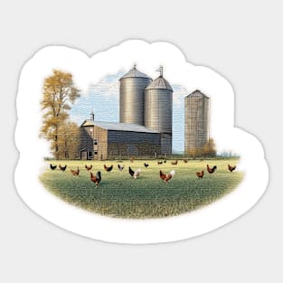 Field of chickens in front of a barn and silo Sticker